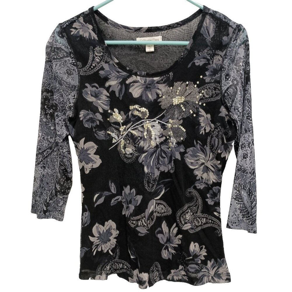 Coldwater Creek Top Womens Small Black Floral Embroidered Mesh Whimsygoth Grunge